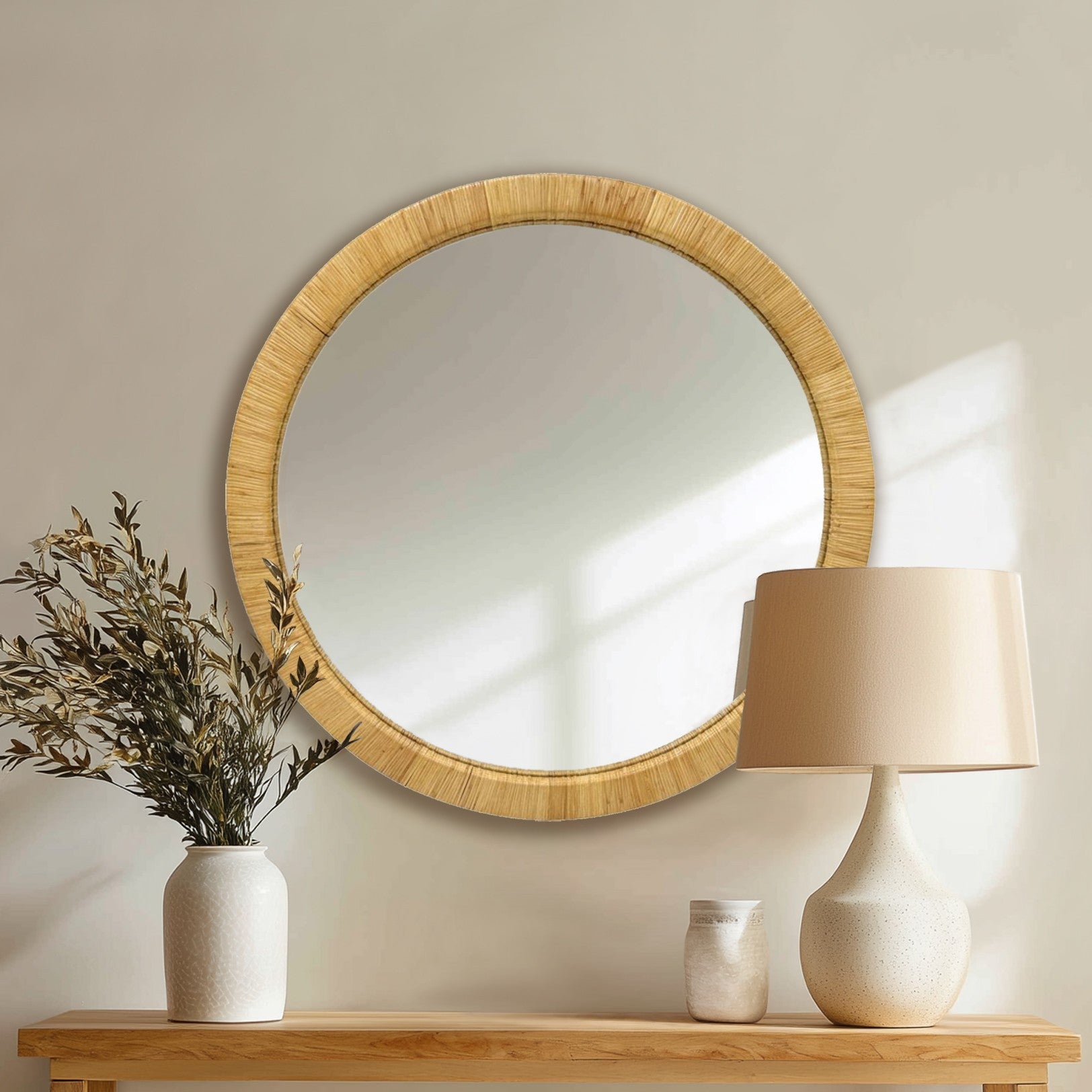 36" Natural Rattan Round Wall Mirror