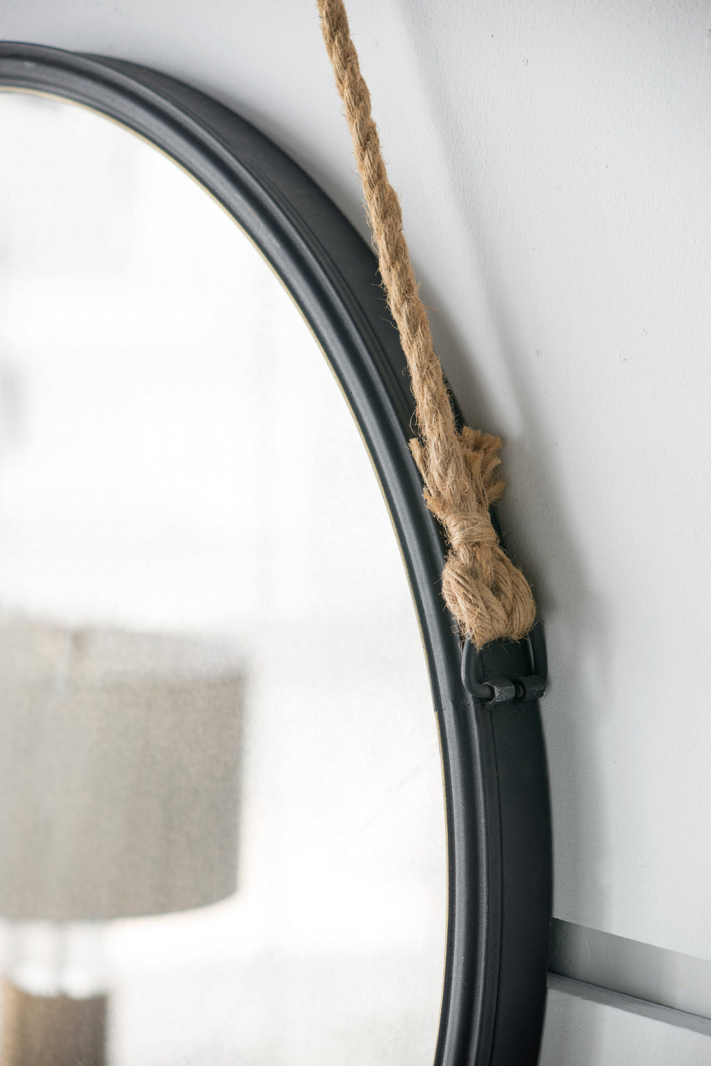 29.5" Rope Strap Hanging Round Mirror with Metal Framed, Black