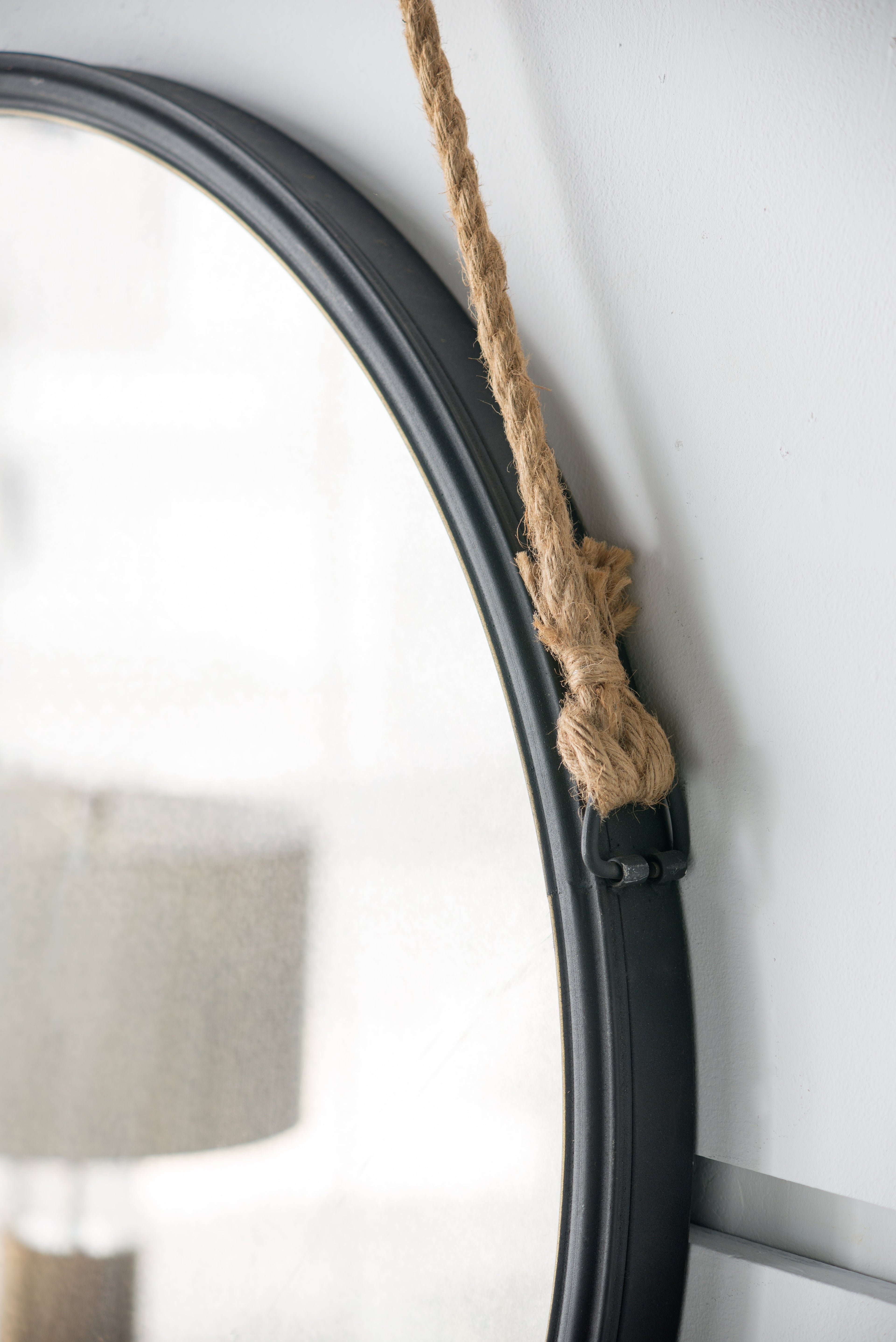 29.5" Rope Strap Hanging Round Mirror with Metal Framed, Black