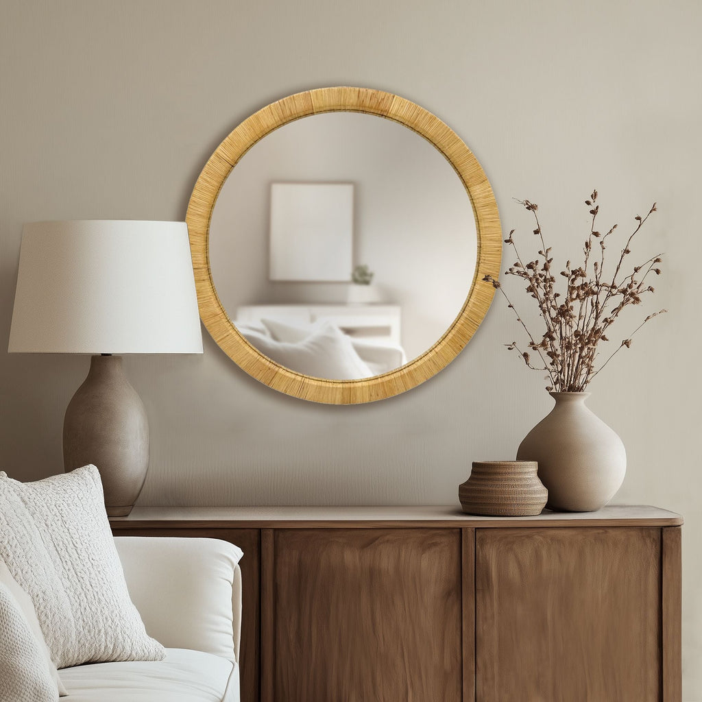 36" Natural Rattan Round Wall Mirror