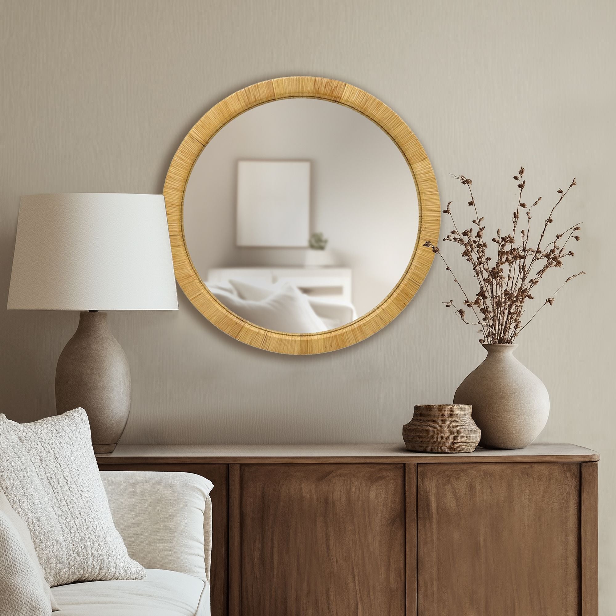 36" Natural Rattan Round Wall Mirror