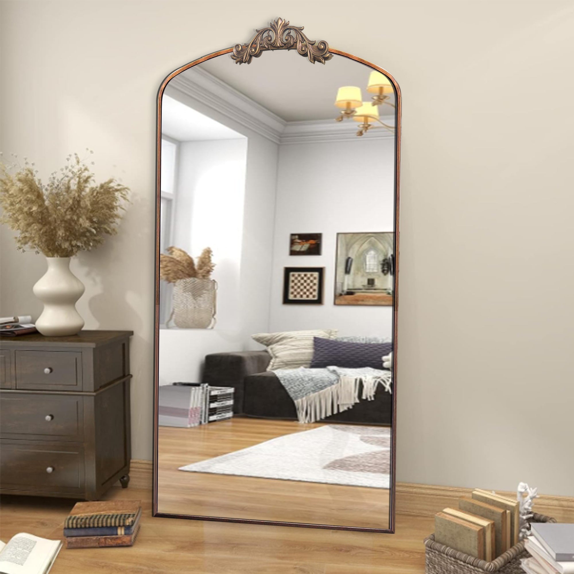 36" x 66" Wall Mirror with Metal Frame and Carved Garland