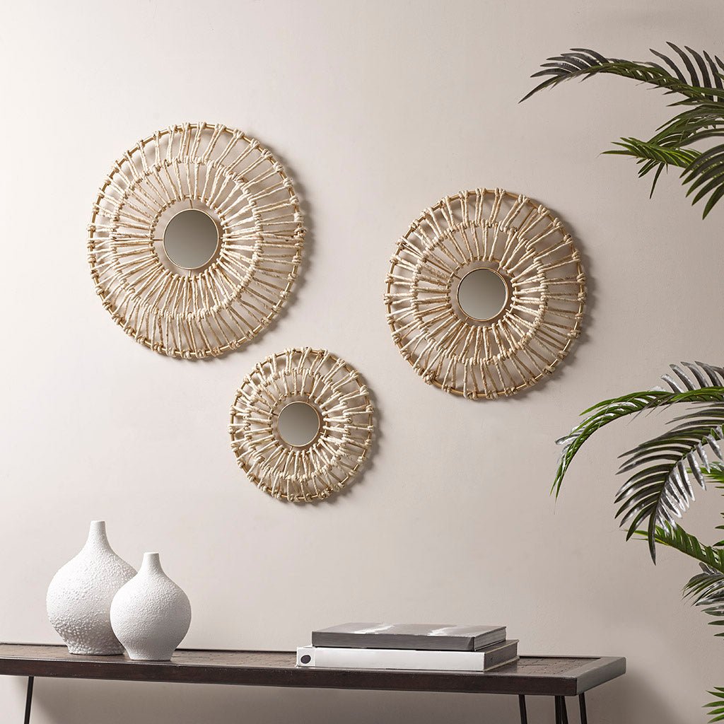 3-Piece Wall Art Set with Metal Frame and Mirror Glass in Center