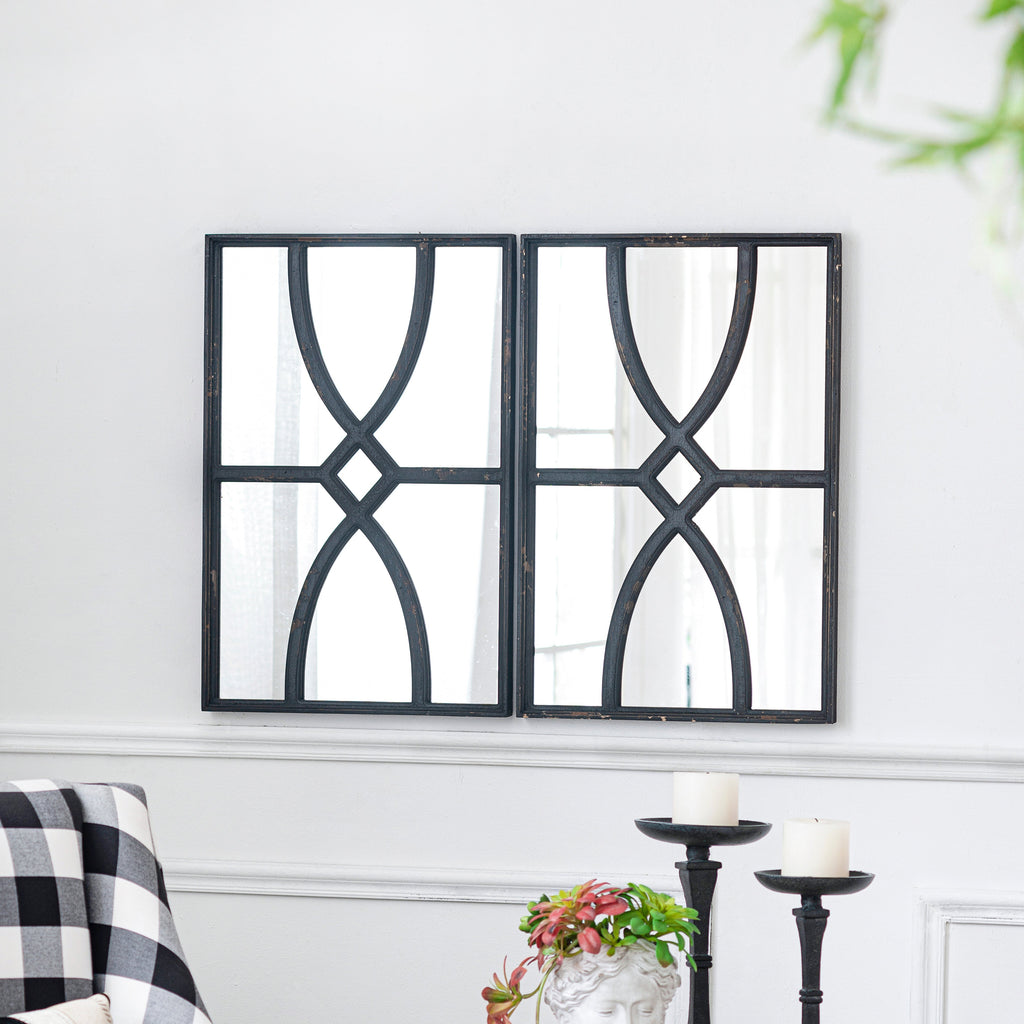 16" x 23" Rectangular Wooden Wall Mirror with Intricate Curved Motifs, Set of 2