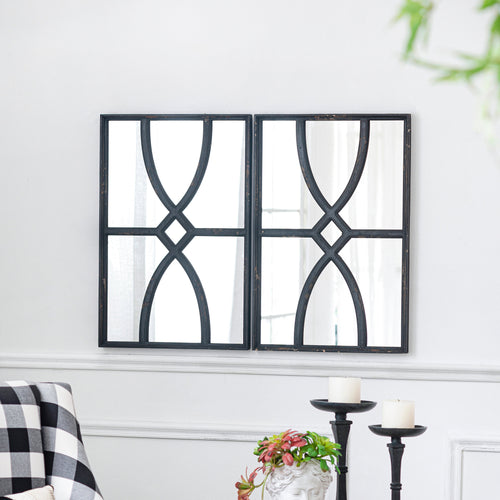16" x 23" Rectangular Wooden Wall Mirror with Intricate Curved Motifs, Set of 2