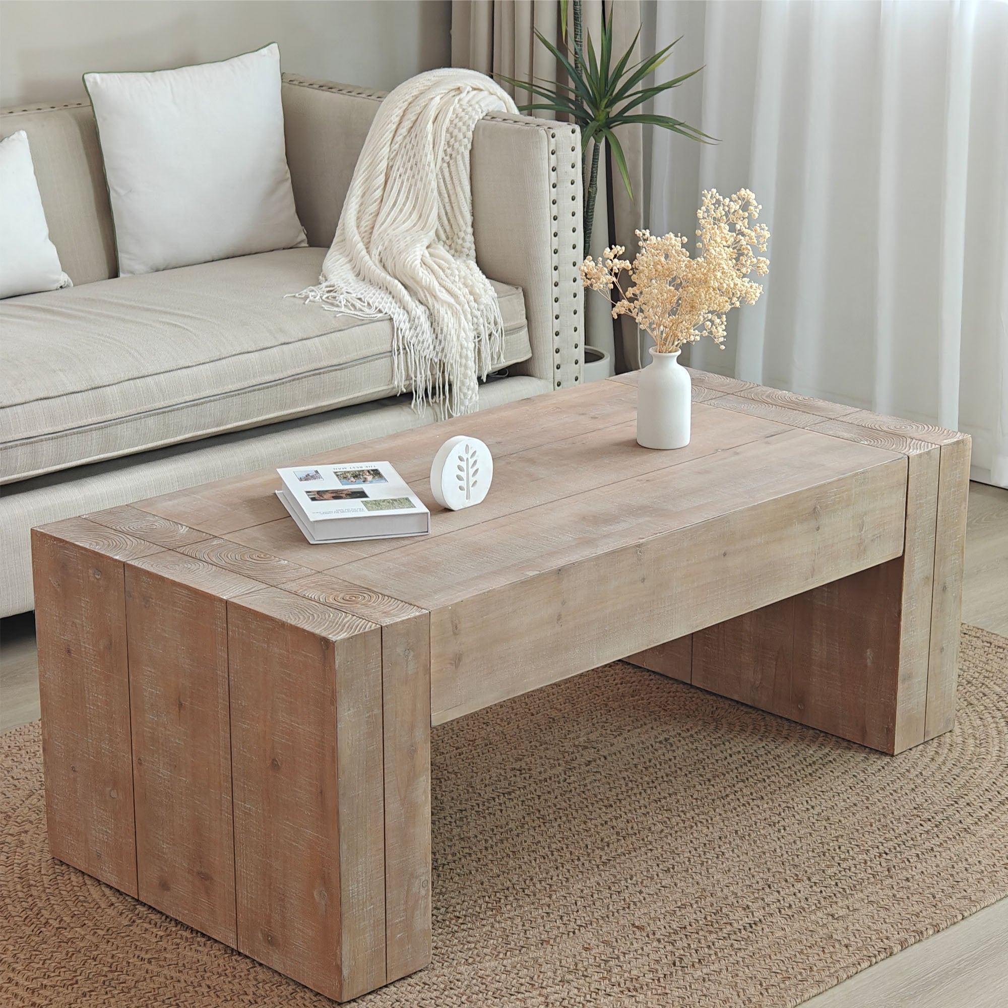 Carrying Rectangular Coffee Table with Wood Frame