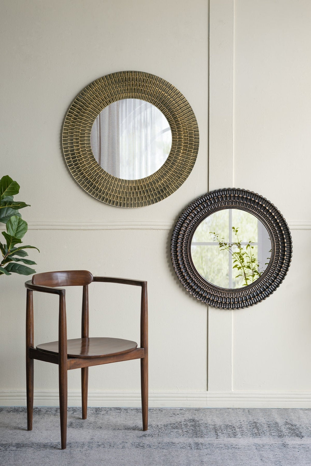29.5" Round Gold And Black Wooden Accent Mirror With Woven Texture