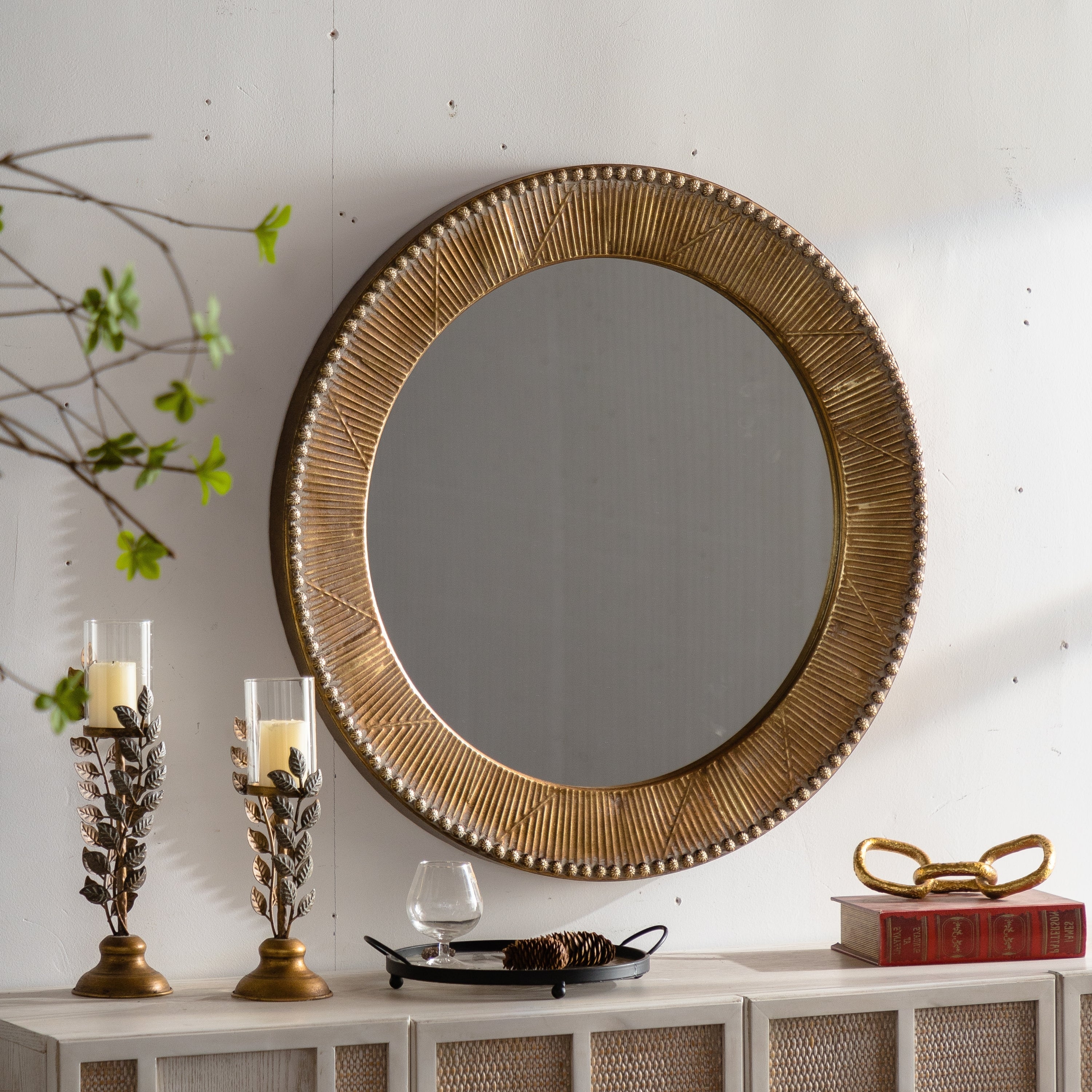 31.3" Gold Textured Round Wall Mirror
