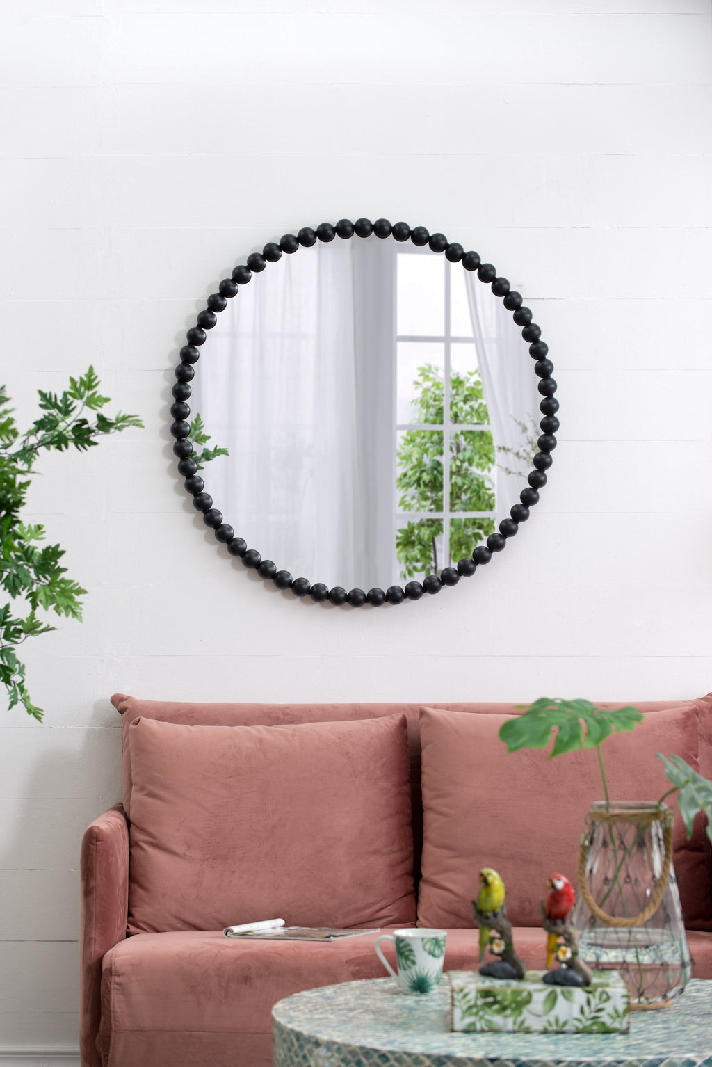 32" Circle Wall Mirror with Metal Beaded Frame
