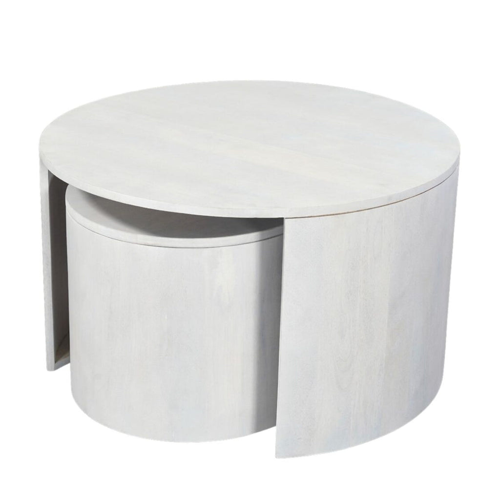 30" Round Nesting Coffee Table with Storage - Mango Wood, Whitewash Finish