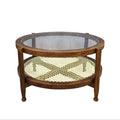 33" Round Coffee Table with Glass Top and Cane Shelf in Honey Finish