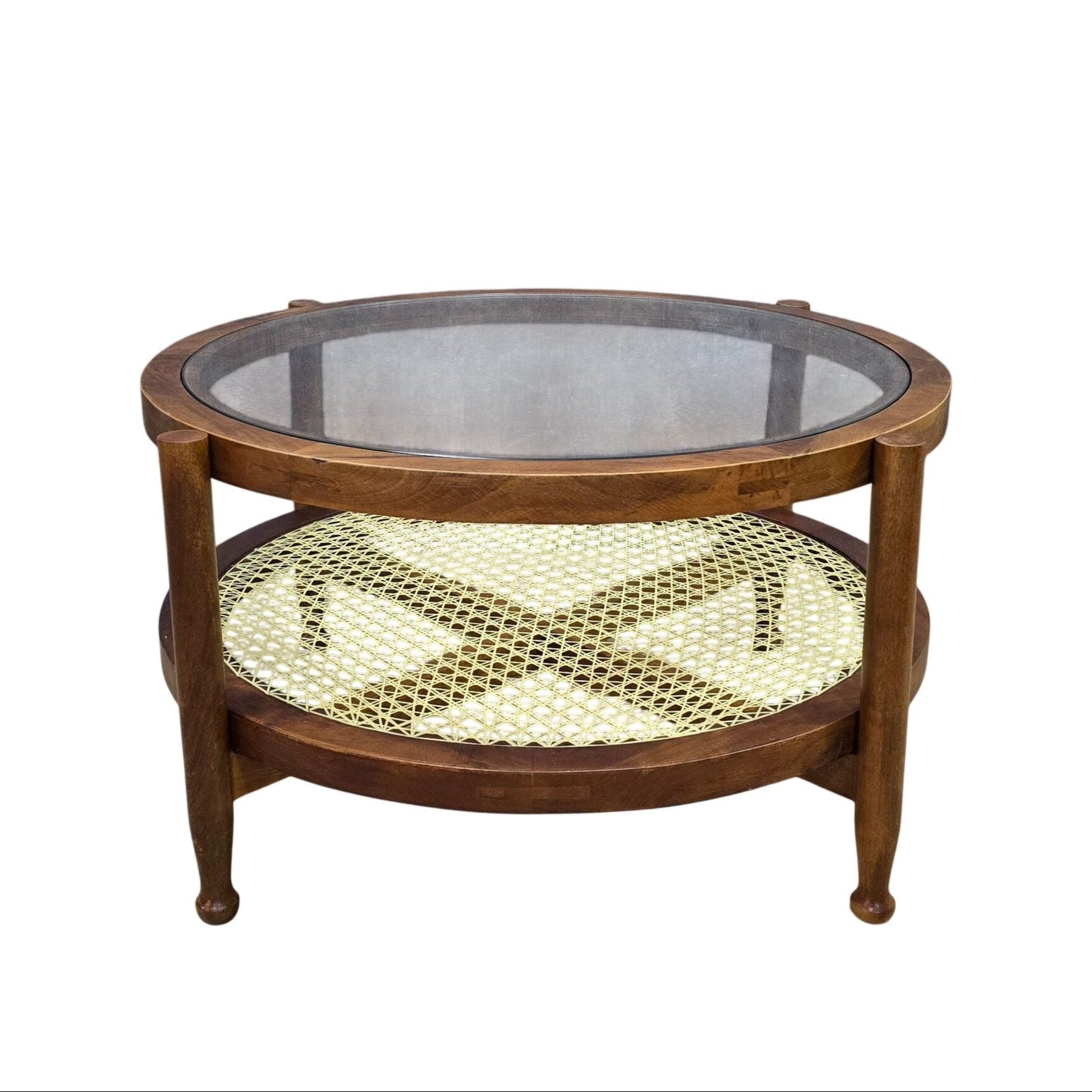 33" Round Coffee Table with Glass Top and Cane Shelf in Honey Finish