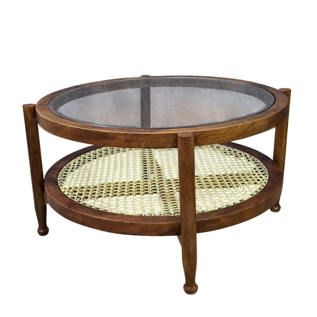 33" Round Coffee Table with Glass Top and Cane Shelf in Honey Finish