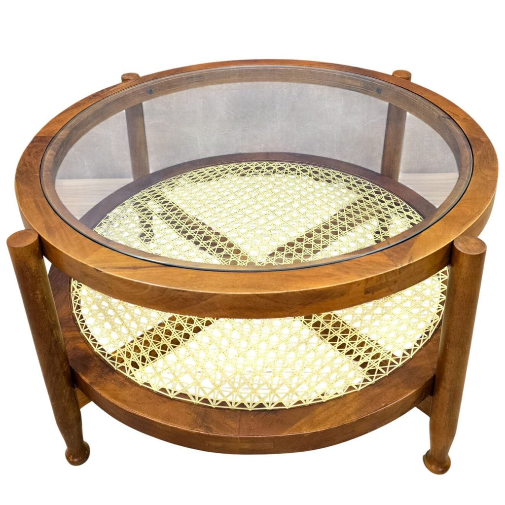 33" Round Coffee Table with Glass Top and Cane Shelf in Honey Finish
