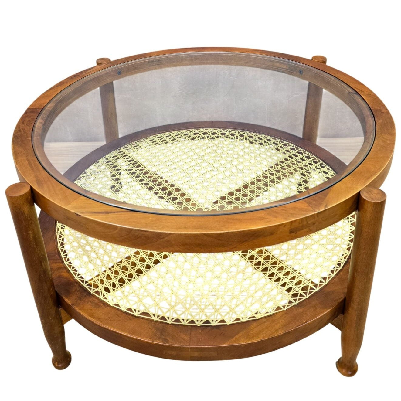 33" Round Coffee Table with Glass Top and Cane Shelf in Honey Finish