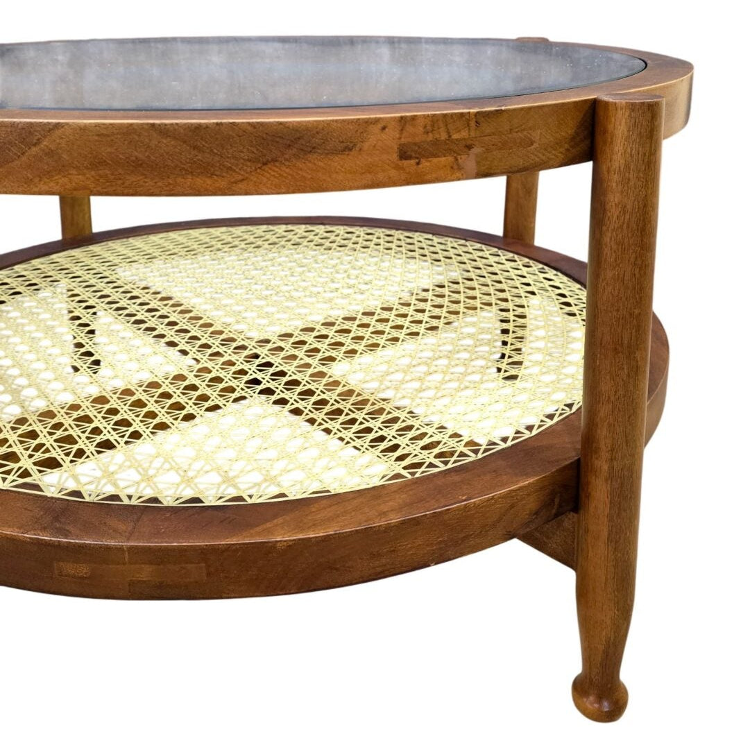 33" Round Coffee Table with Glass Top and Cane Shelf in Honey Finish