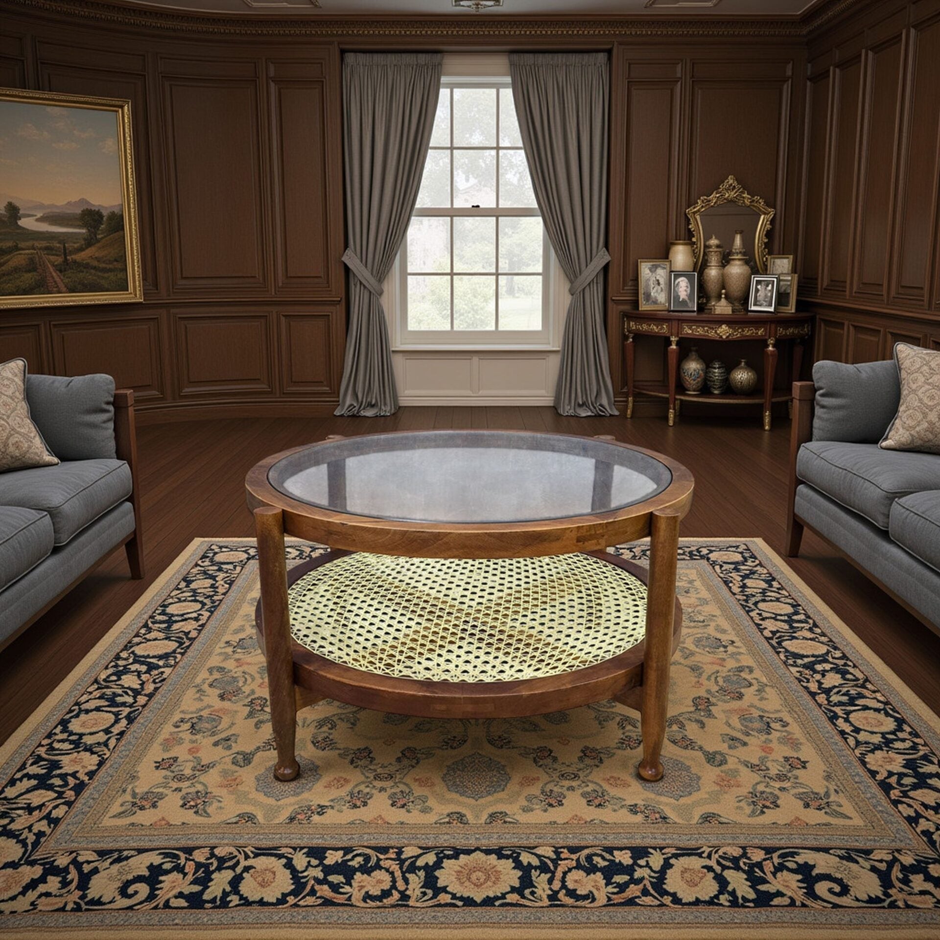 33" Round Coffee Table with Glass Top and Cane Shelf in Honey Finish