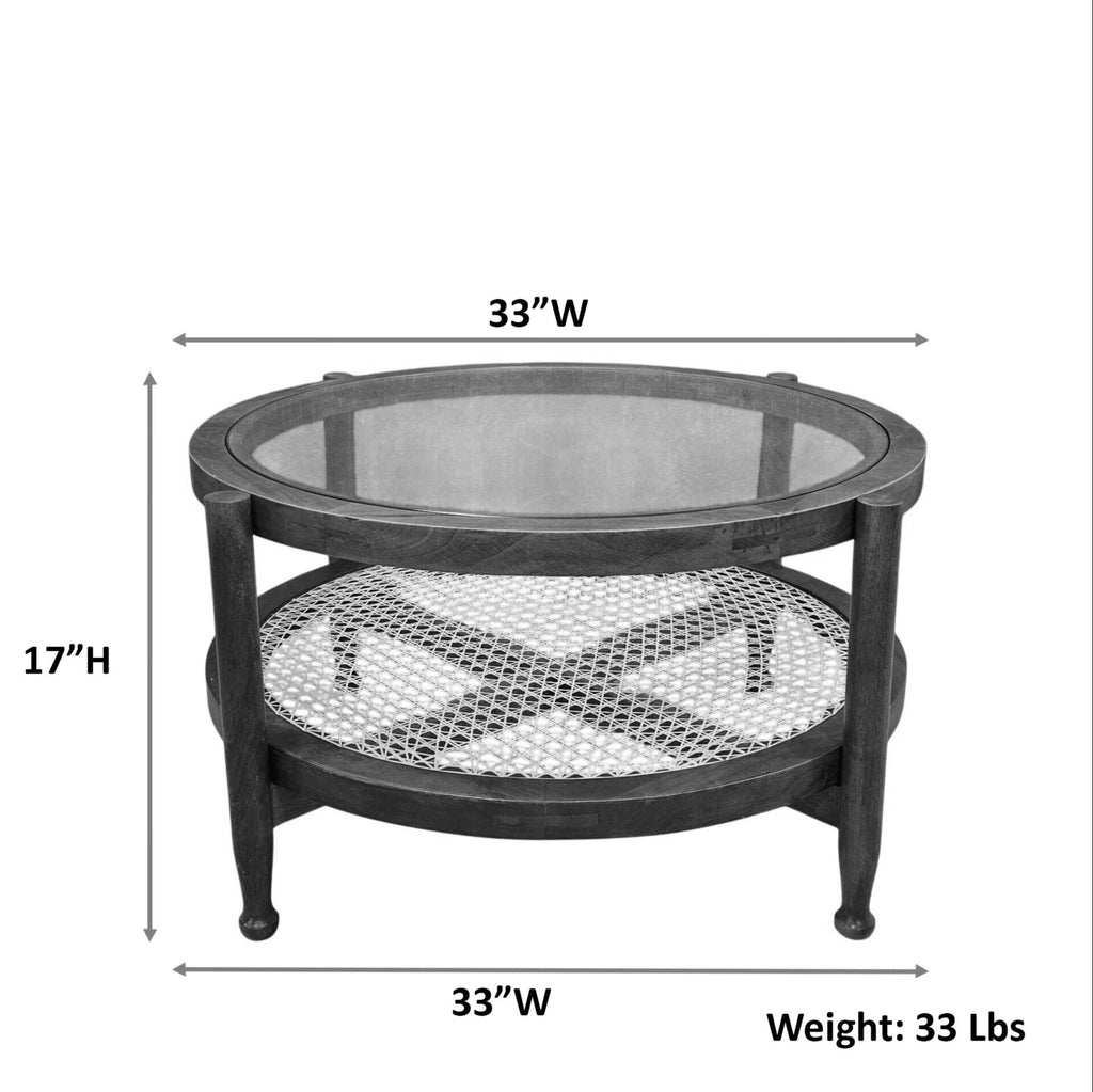 33" Round Coffee Table with Glass Top and Cane Shelf in Honey Finish