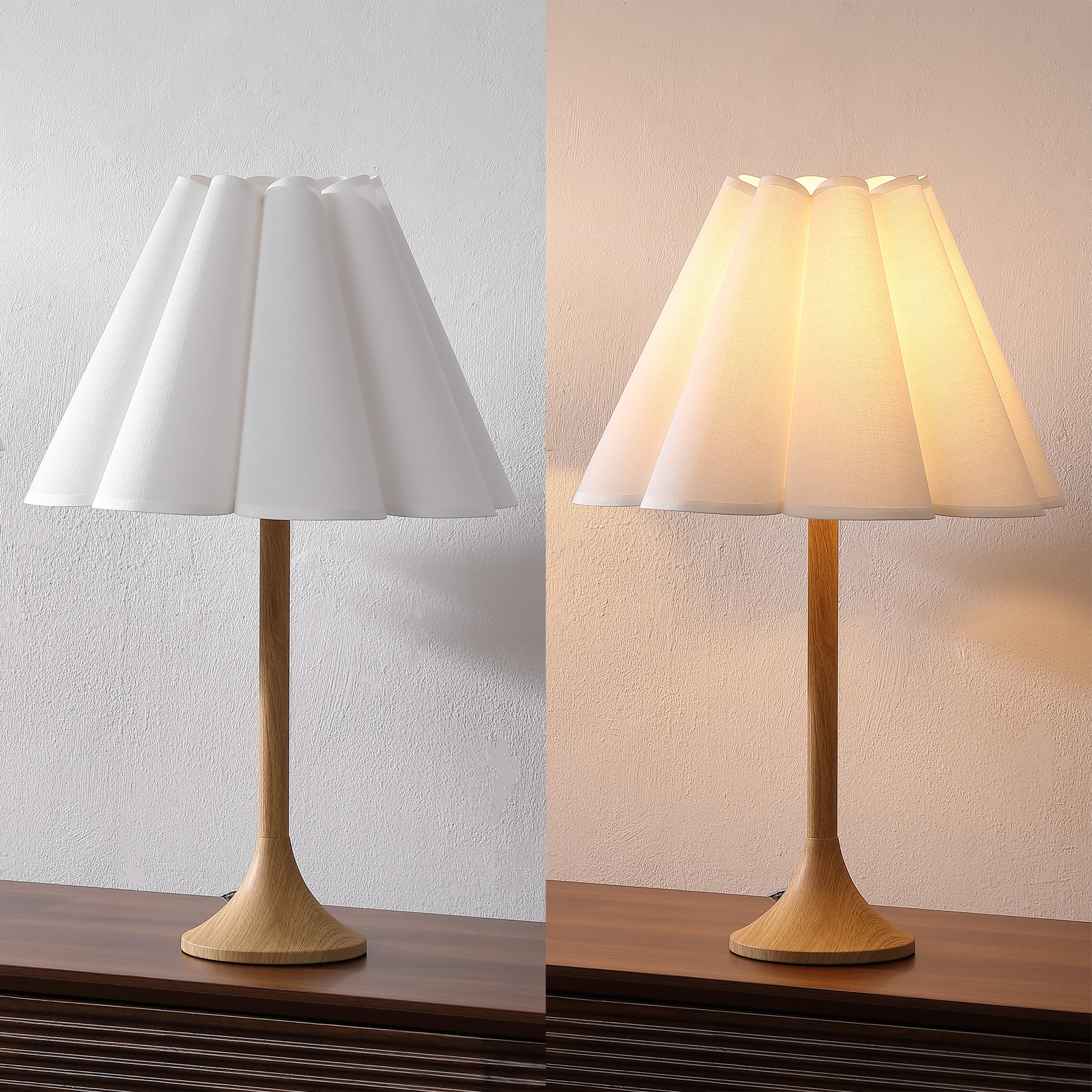 Abel 25.5" Modern Coastal Pleated Shade Faux Wood Column LED Table Lamp (Set of 2)