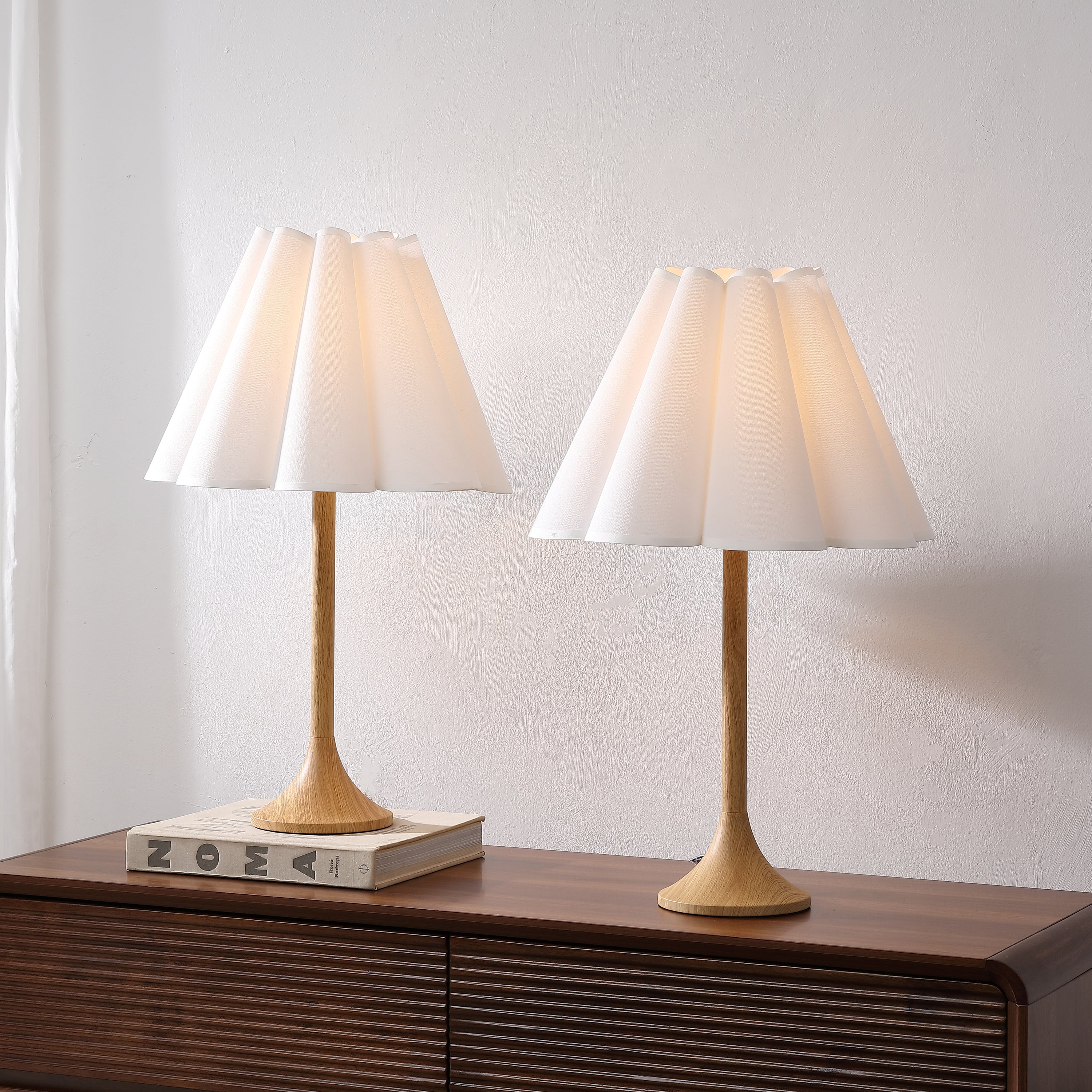 Abel 25.5" Modern Coastal Pleated Shade Faux Wood Column LED Table Lamp (Set of 2)