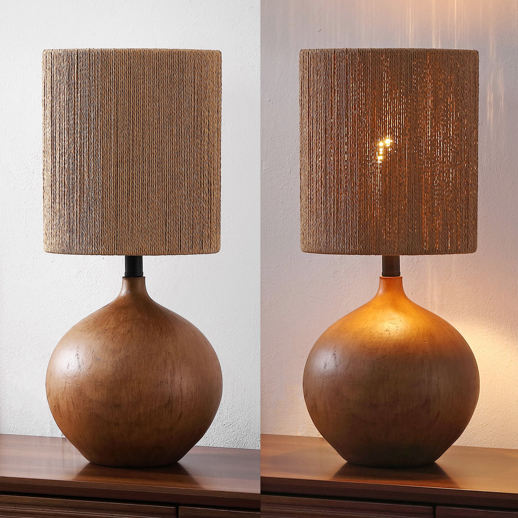 Abram 22.75" Rustic Bohemian Resin/Metal Round Table Lamp with Paper Rope Shade