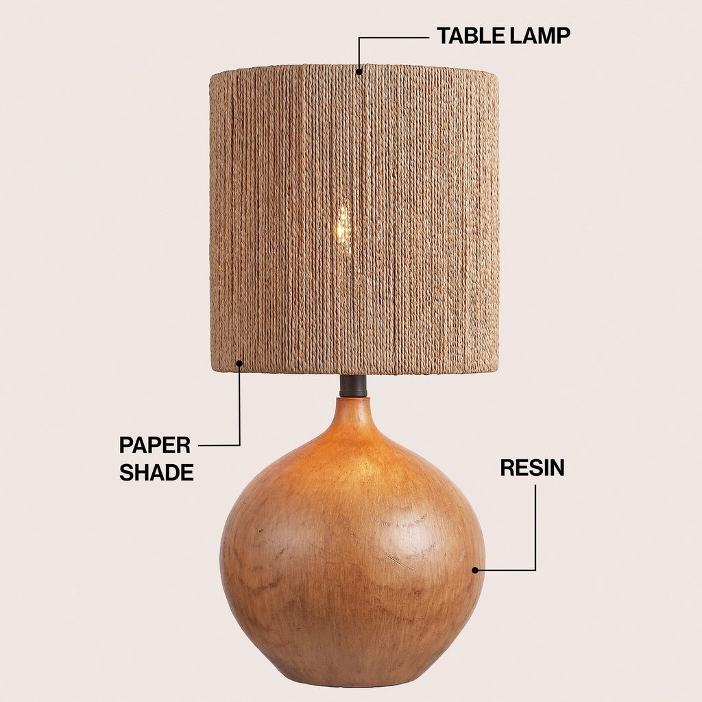 Abram 22.75" Rustic Bohemian Resin/Metal Round Table Lamp with Paper Rope Shade