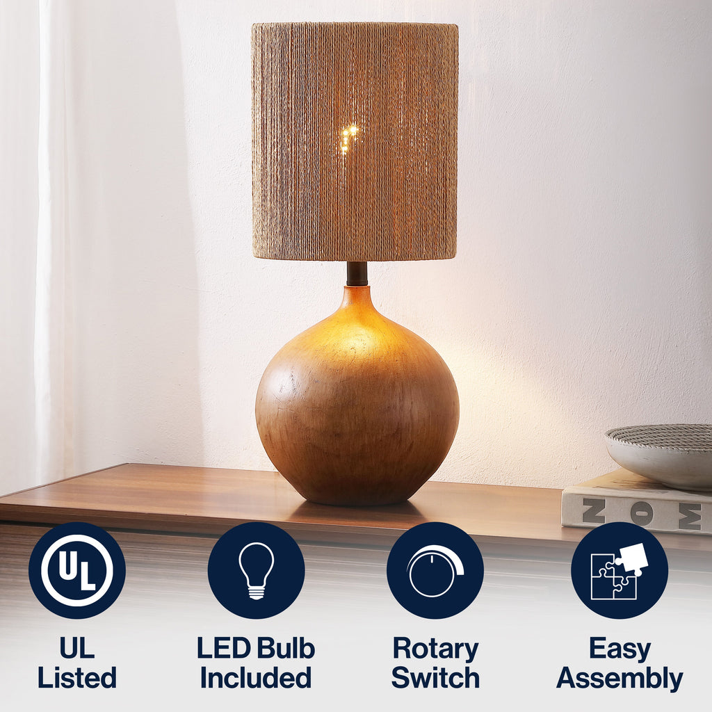 Abram 22.75" Rustic Bohemian Resin/Metal Round Table Lamp with Paper Rope Shade