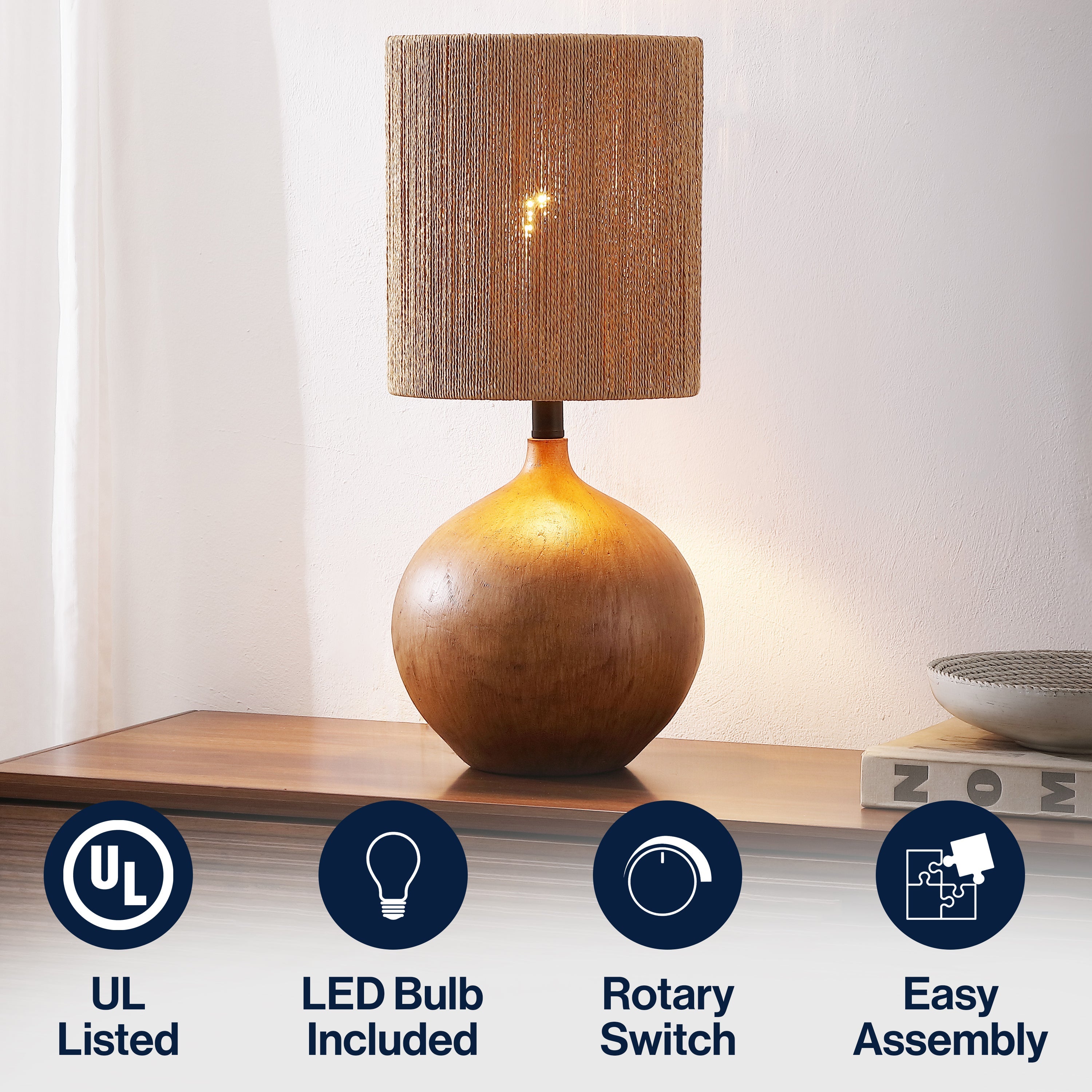 Abram 22.75" Rustic Bohemian Resin/Metal Round Table Lamp with Paper Rope Shade