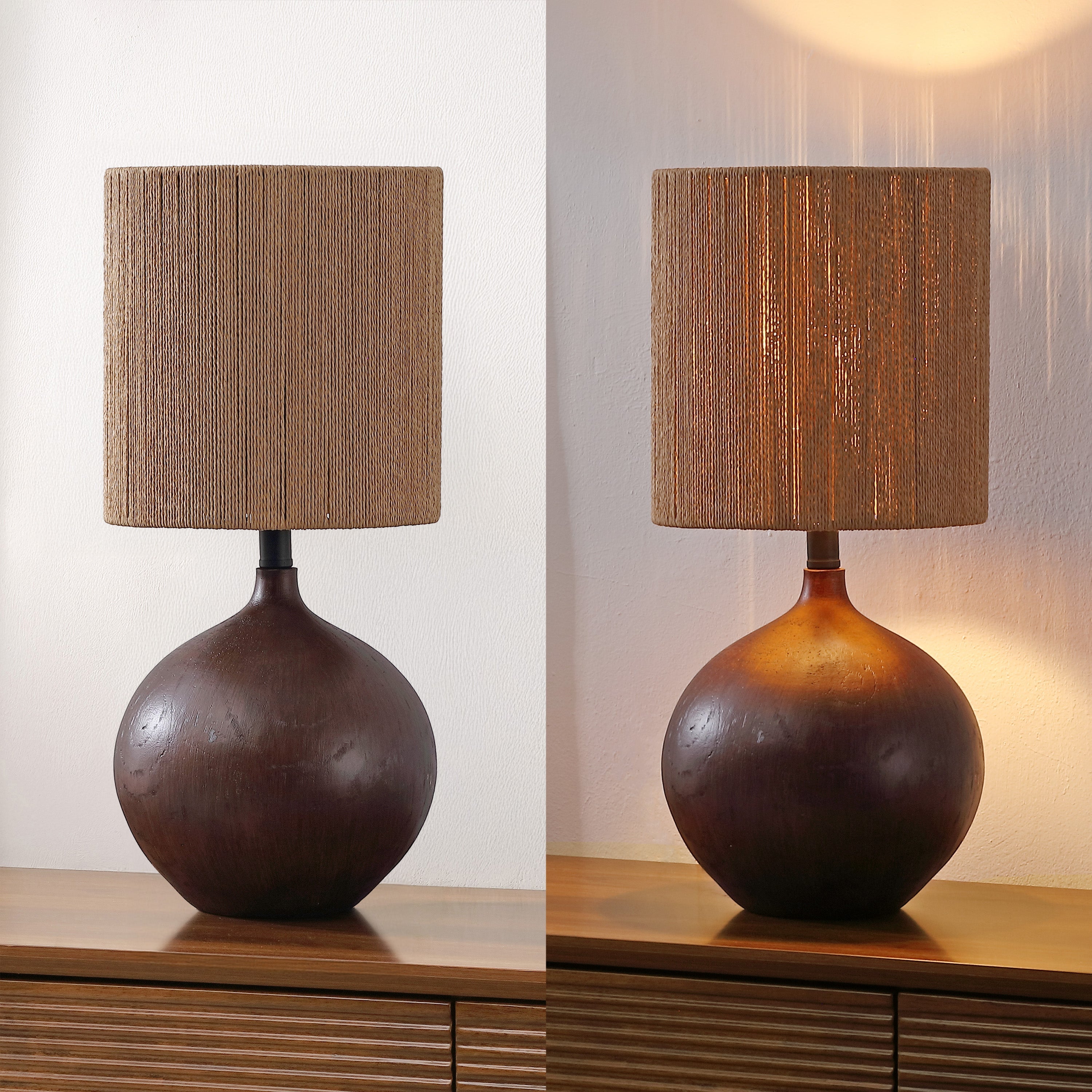 Abram 22.75" Rustic Bohemian Resin/Metal Round Table Lamp with Paper Rope Shade