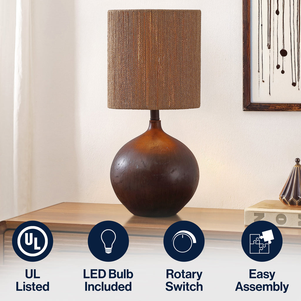 Abram 22.75" Rustic Bohemian Resin/Metal Round Table Lamp with Paper Rope Shade