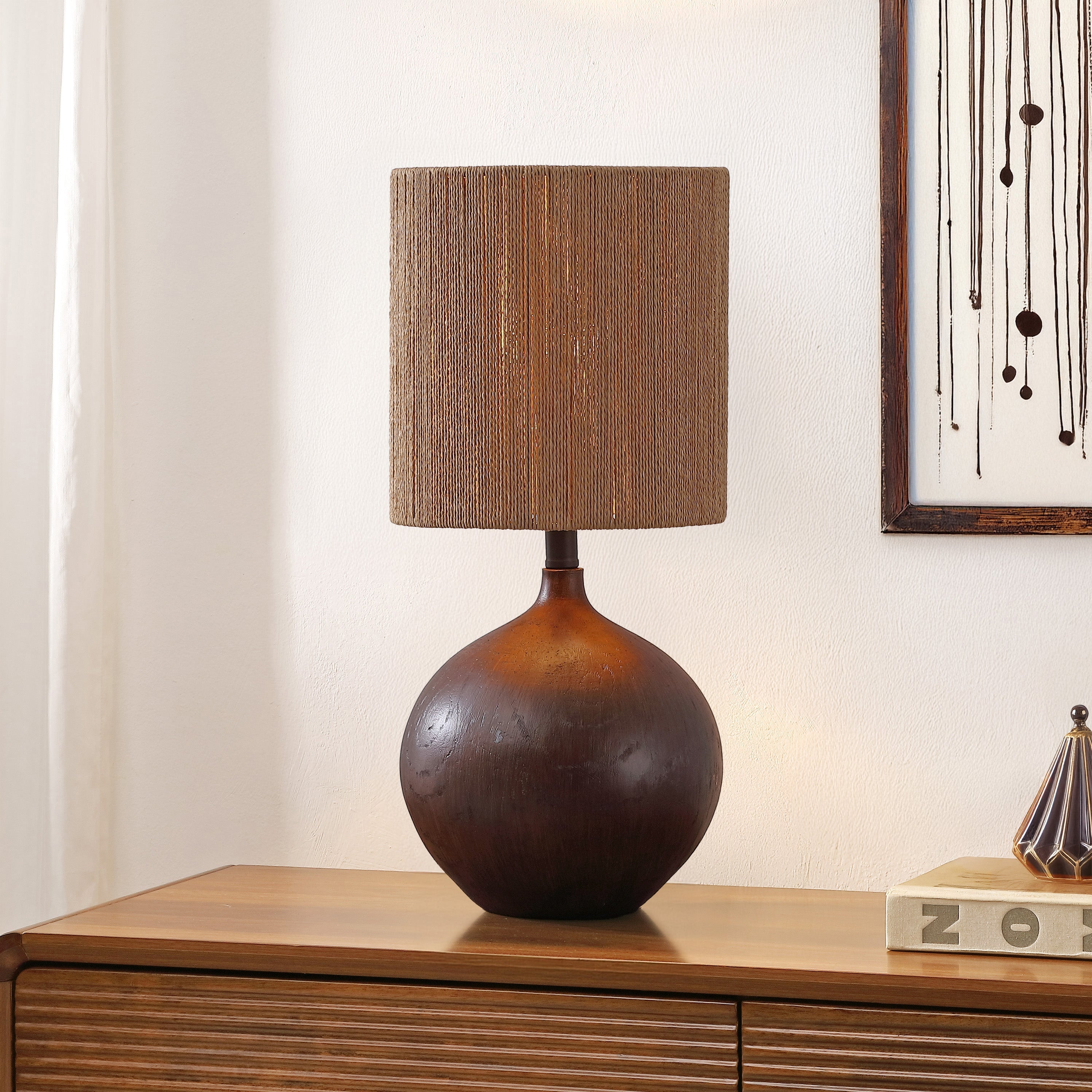 Abram 22.75" Rustic Bohemian Resin/Metal Round Table Lamp with Paper Rope Shade