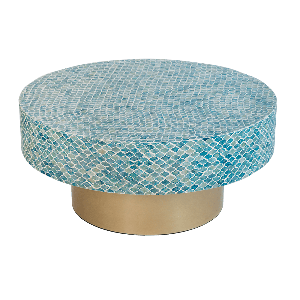 Alacrits Round Coffee Table with Capiz Design and Pedestal Base