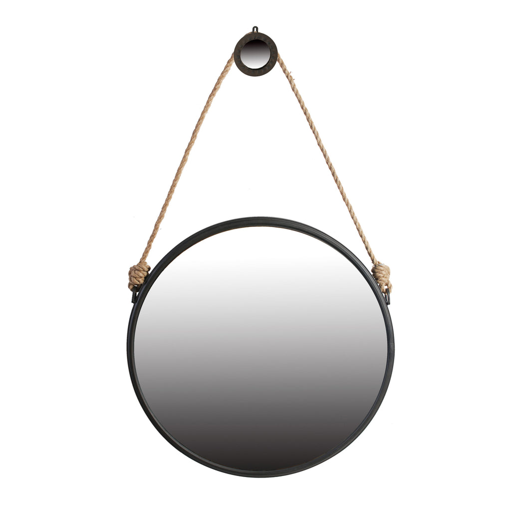 29.5" Rope Strap Hanging Round Mirror with Metal Framed, Black