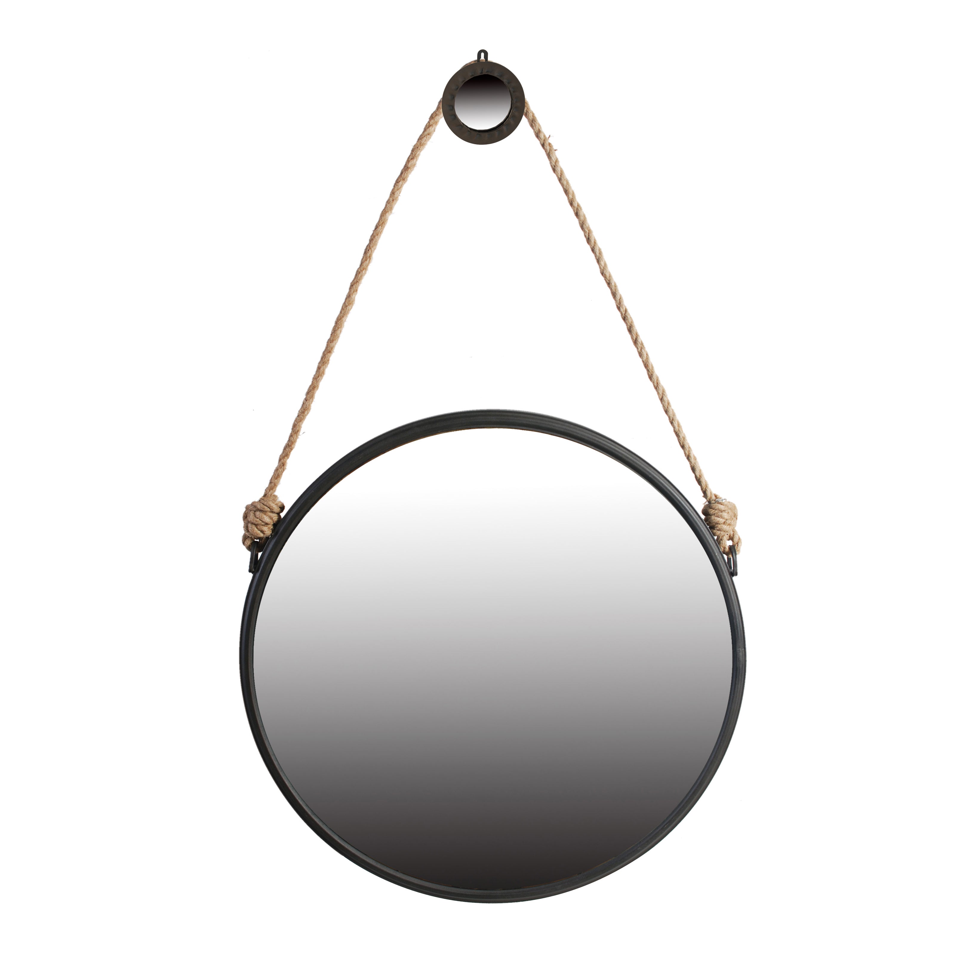 29.5" Rope Strap Hanging Round Mirror with Metal Framed, Black