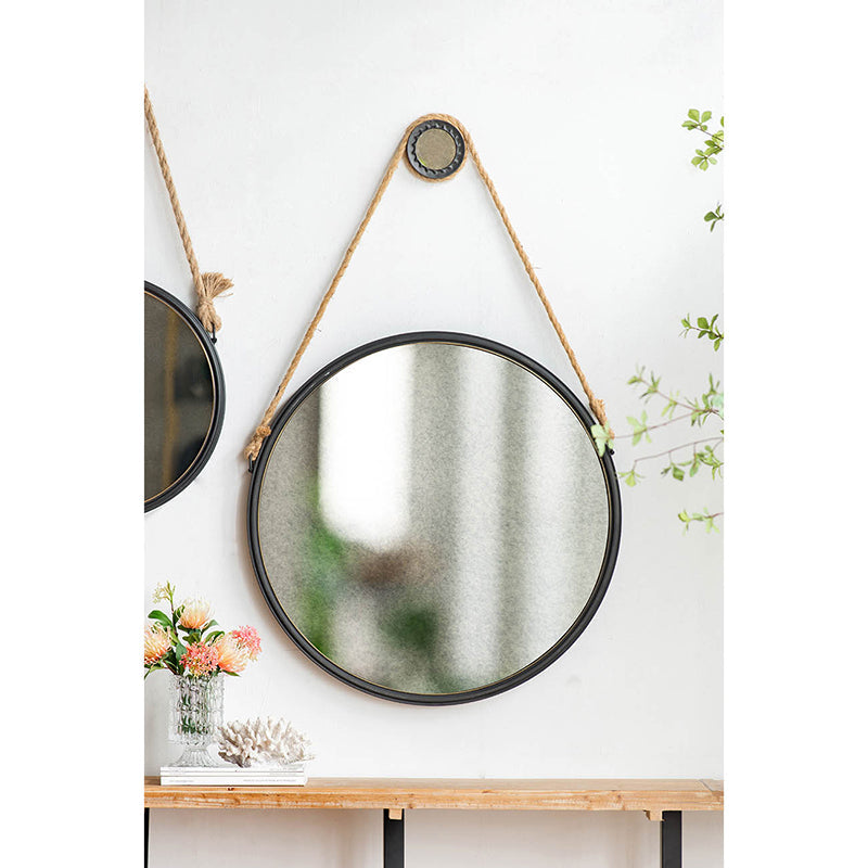 29.5" Rope Strap Hanging Round Mirror with Metal Framed, Black
