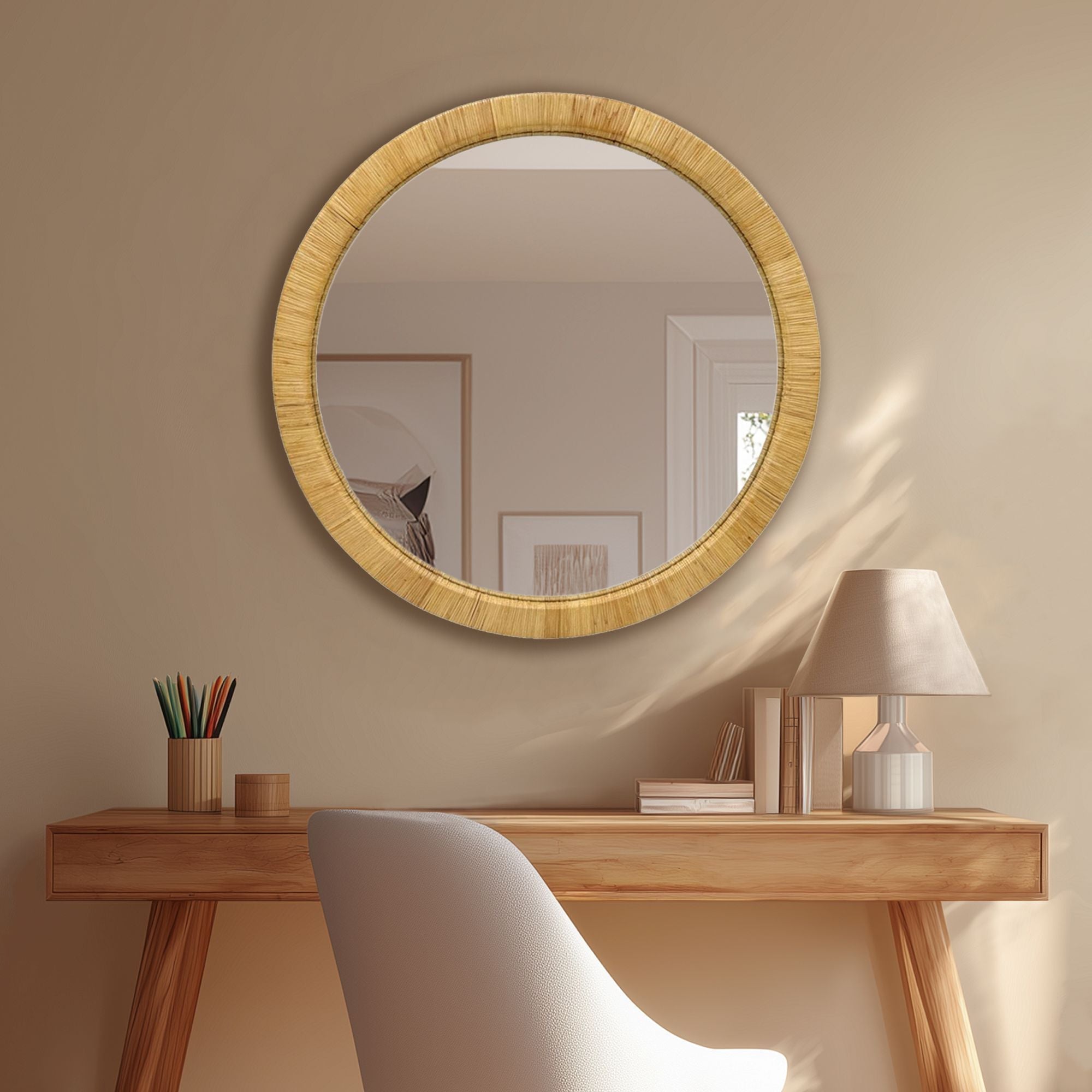 36" Natural Rattan Round Wall Mirror