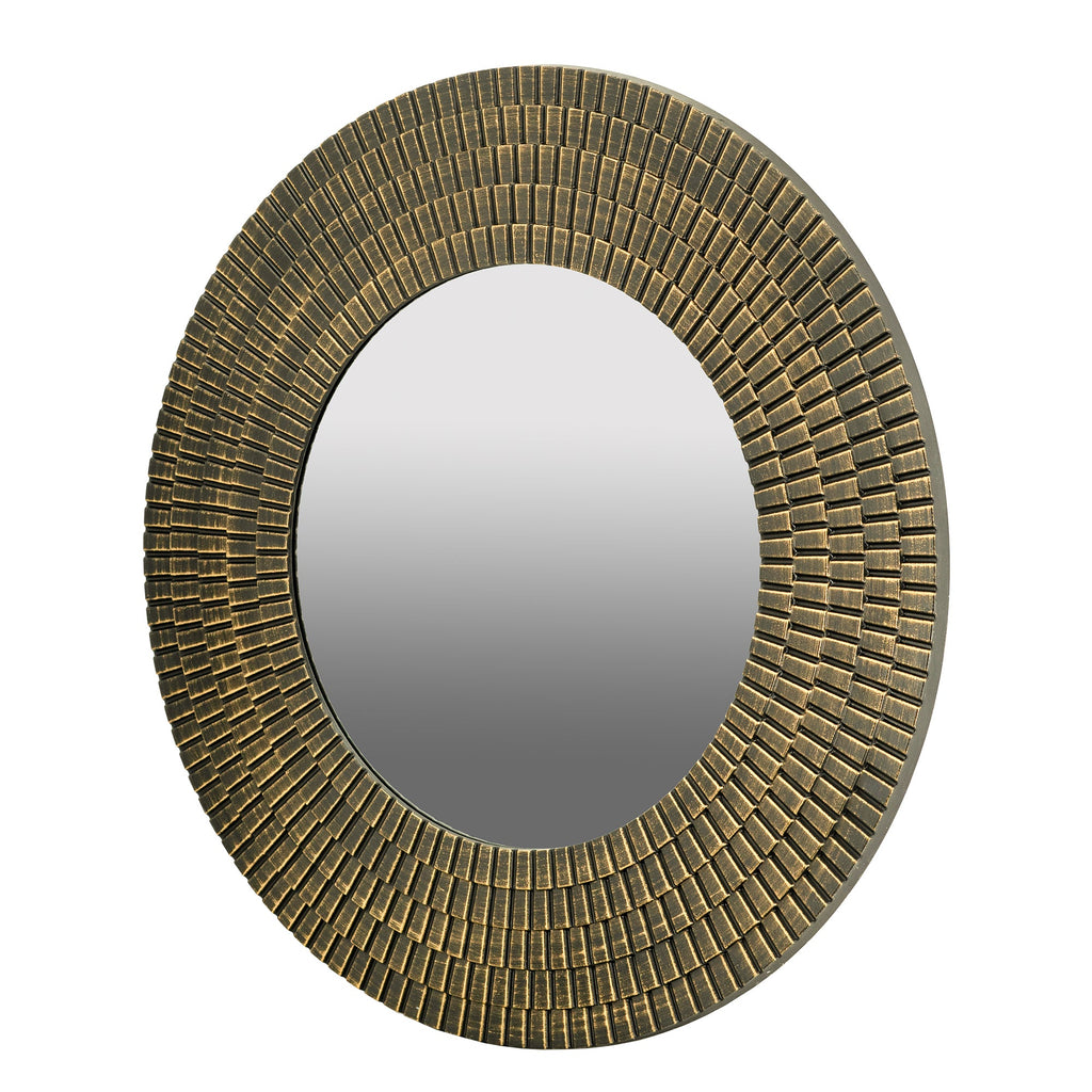 29.5" Round Gold And Black Wooden Accent Mirror With Woven Texture