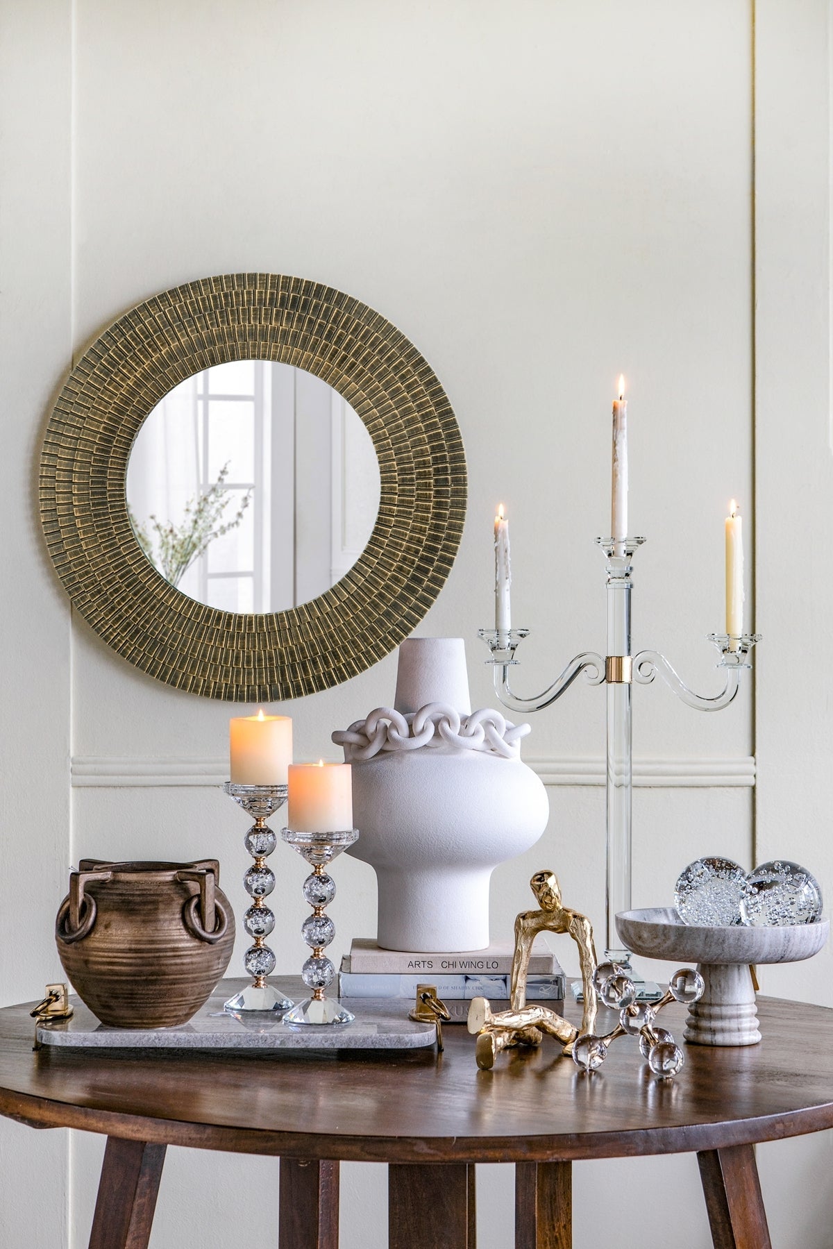 29.5" Round Gold And Black Wooden Accent Mirror With Woven Texture
