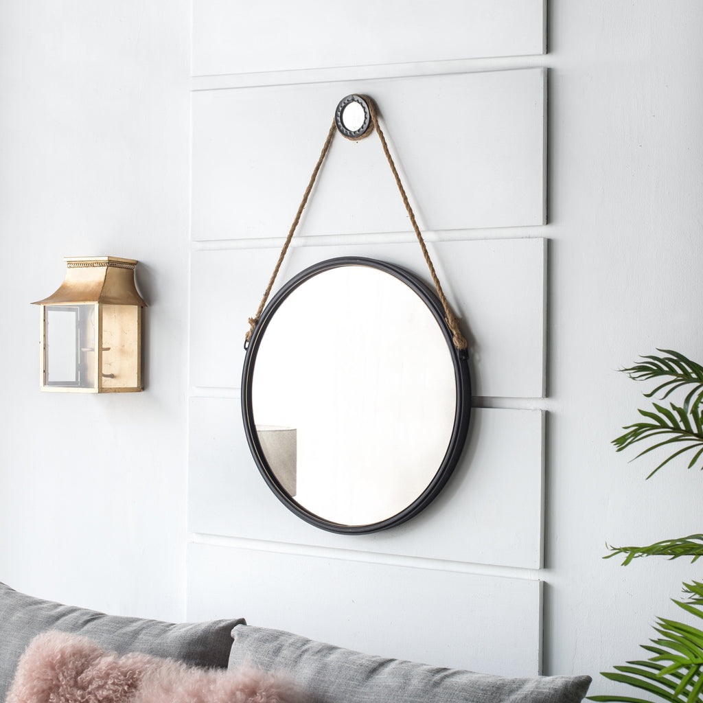 29.5" Rope Strap Hanging Round Mirror with Metal Framed, Black