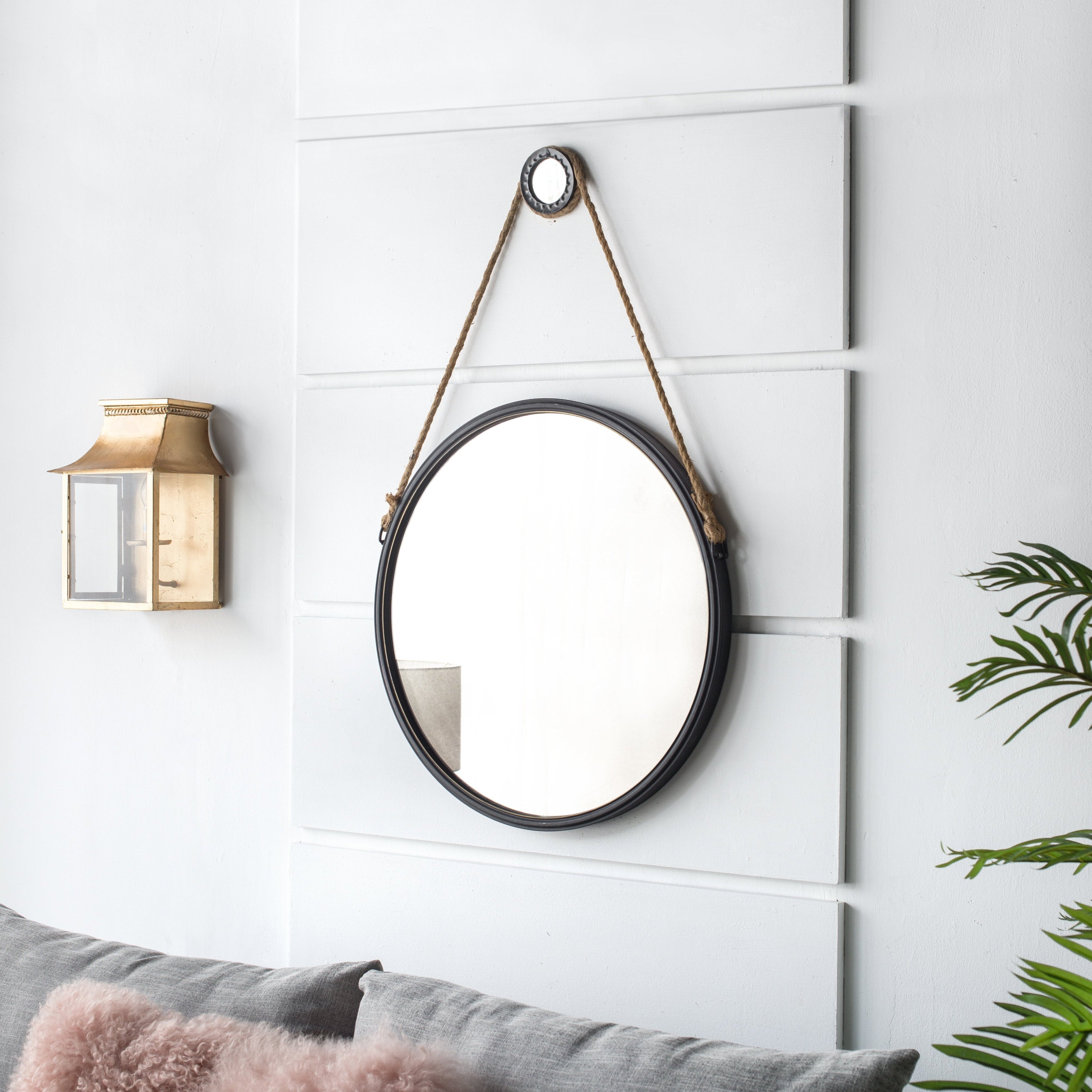 29.5" Rope Strap Hanging Round Mirror with Metal Framed, Black