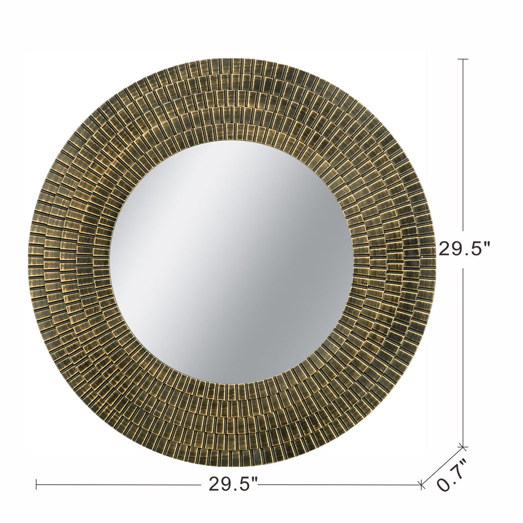 29.5" Round Gold And Black Wooden Accent Mirror With Woven Texture