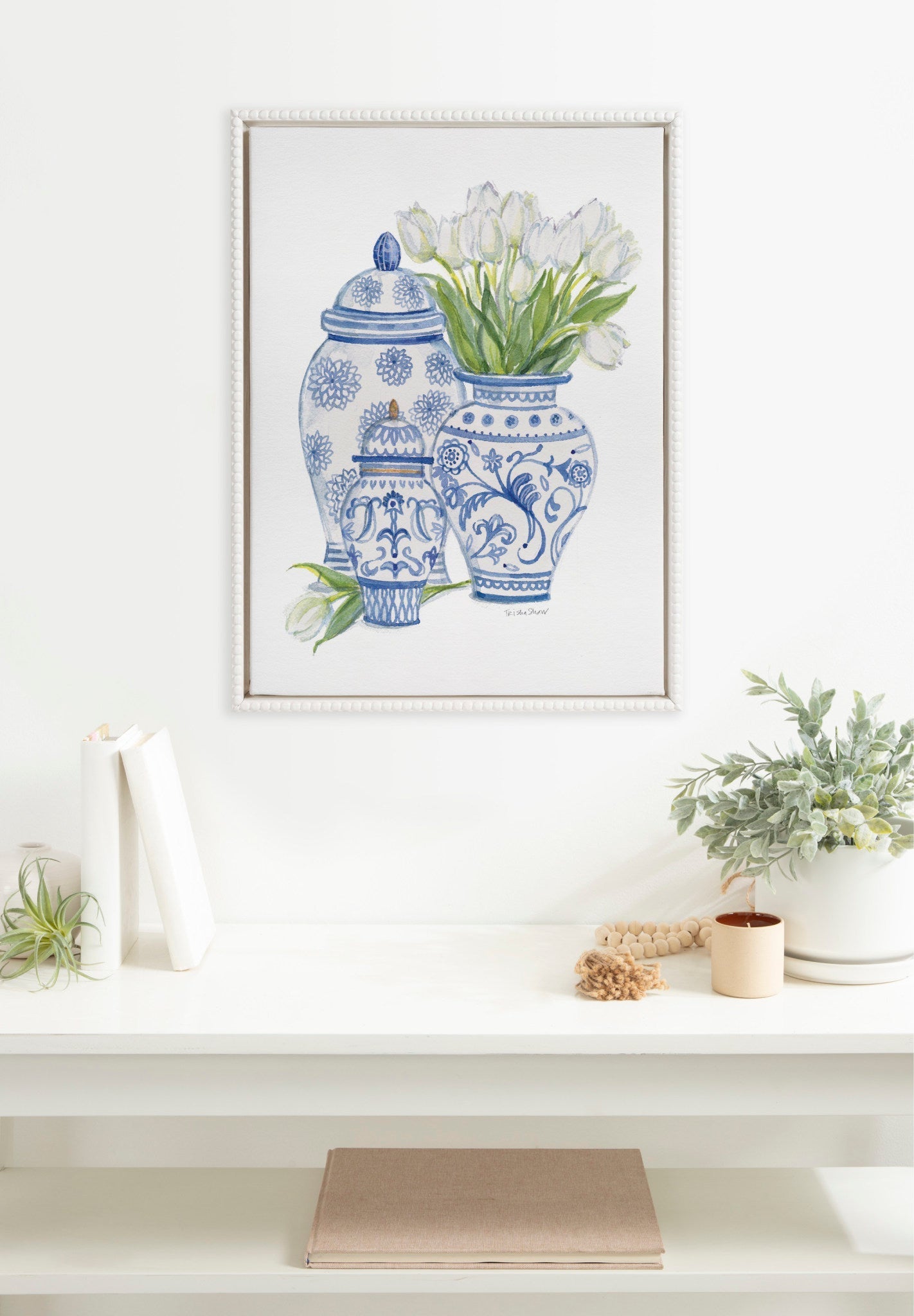 Sylvie Beaded Chinoiserie Jars with White Tulips Framed Canvas by Patricia Shaw
