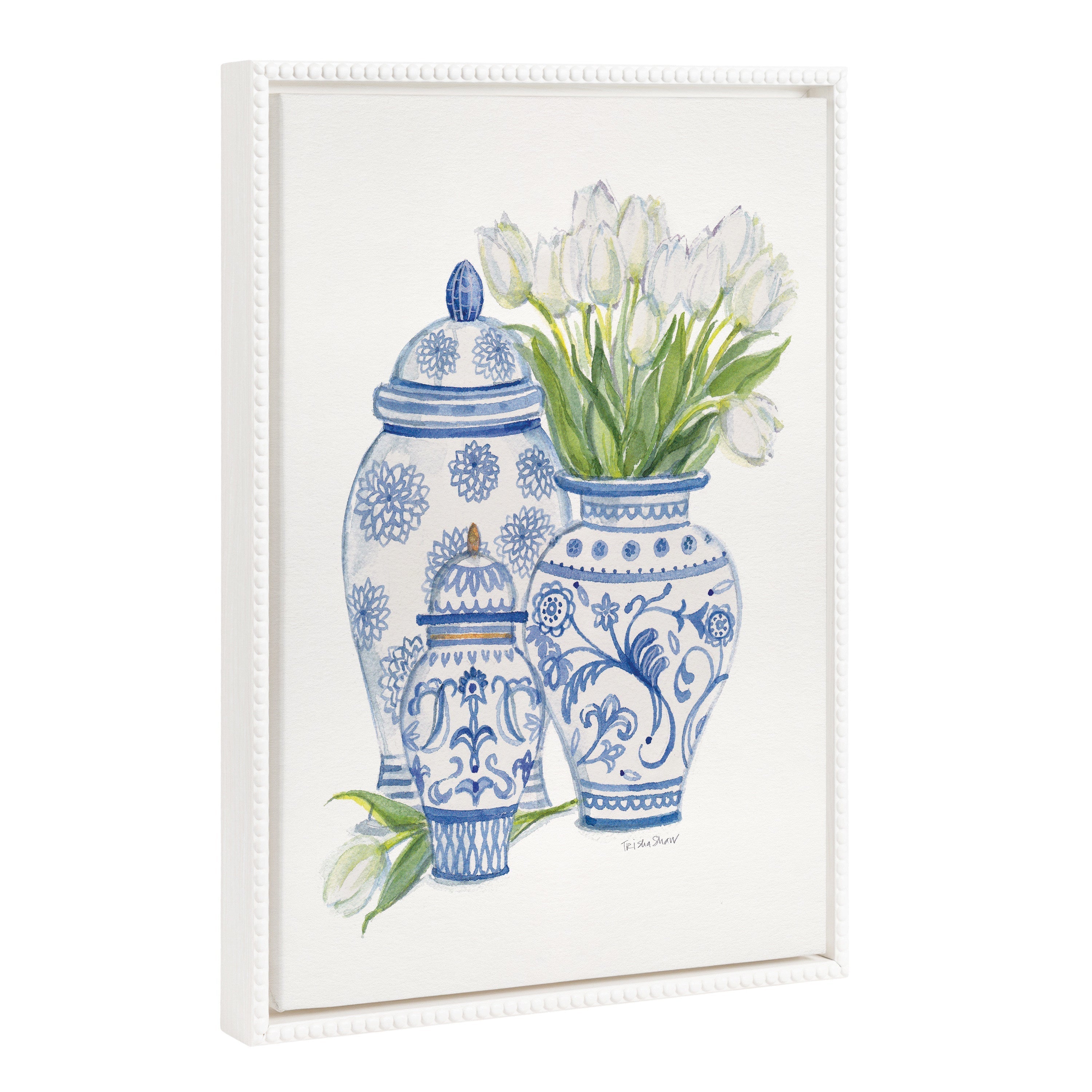 Sylvie Beaded Chinoiserie Jars with White Tulips Framed Canvas by Patricia Shaw
